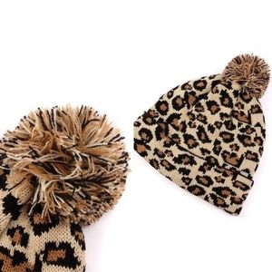 Leopard Pom Beanie Knit Winter Hat (Beige)